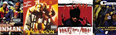 Ghostface Killah Ironman, Raekwon Only Built 4 Cuban Linx, Redman Whut? Thee Album, and Common Can I Borrow a Dollar? album covers